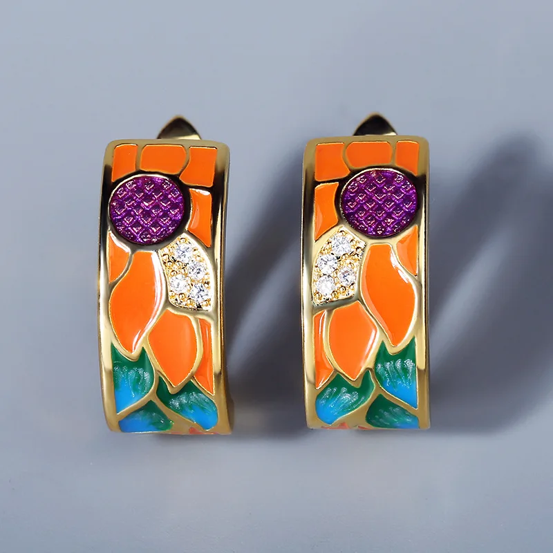 

Exquisite 925 Silver Ladies Cubic Zircon Micro Diamond Flowers Ladies Earrings Handmade Enamel Colored Epoxy Jewelry