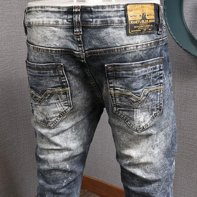 European American Vintage Fashion Men Jeans Retro Wash Slim Ripped Jeans Men Distressed Painted Designer Patchwork Denim Pants