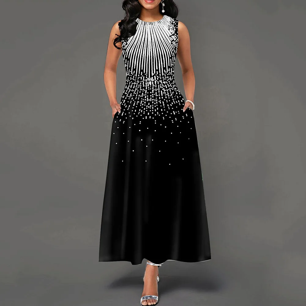 Элегантное винтажное платье с принтом А-силуэта и карманом белое Макси-Платье