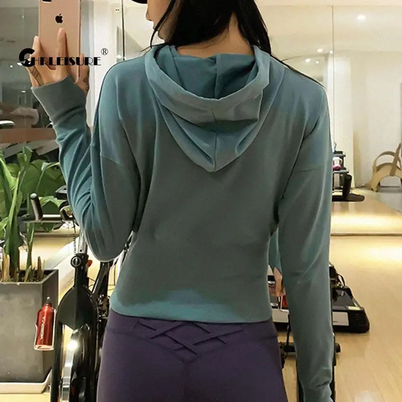 CHRLEISURE Фитнес Спорт Йога Топы Талия Формирование с капюшоном длинным рукавом