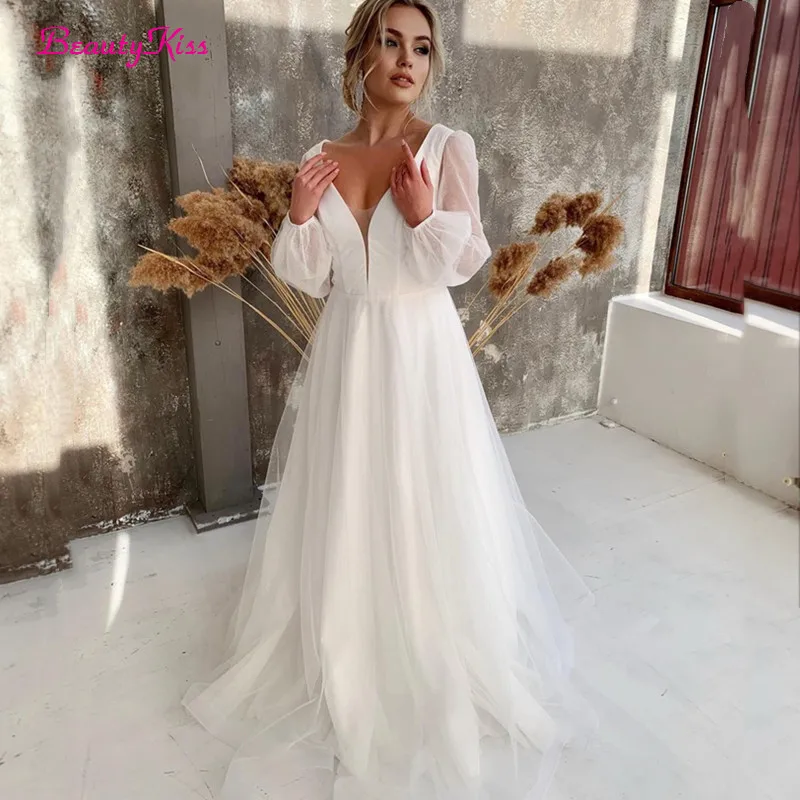 Белое свадебное платье с V-образным вырезом и длинным рукавом соблазнительные