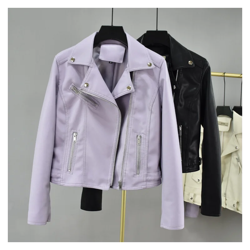

Женская кожаная куртка, одежда 2021, модная Осенняя Новинка, костюмный воротник с заклепками, простая фиолетовая черная короткая локомотивна...