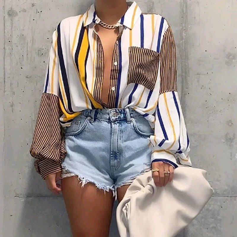 

New Autumn and Summer Long Sleeve Button Cardigan Fashion T-shirt Striped Patchwork Chic Loose Casual Top Aesthetic Clothes