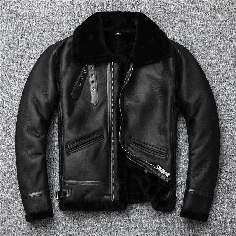 

2020 Black Men American Style B3 Pilot Leather Jacket Plus Size XXXXL Genuine Thick Winter Natural Shearling Coat FREE SHIPPING