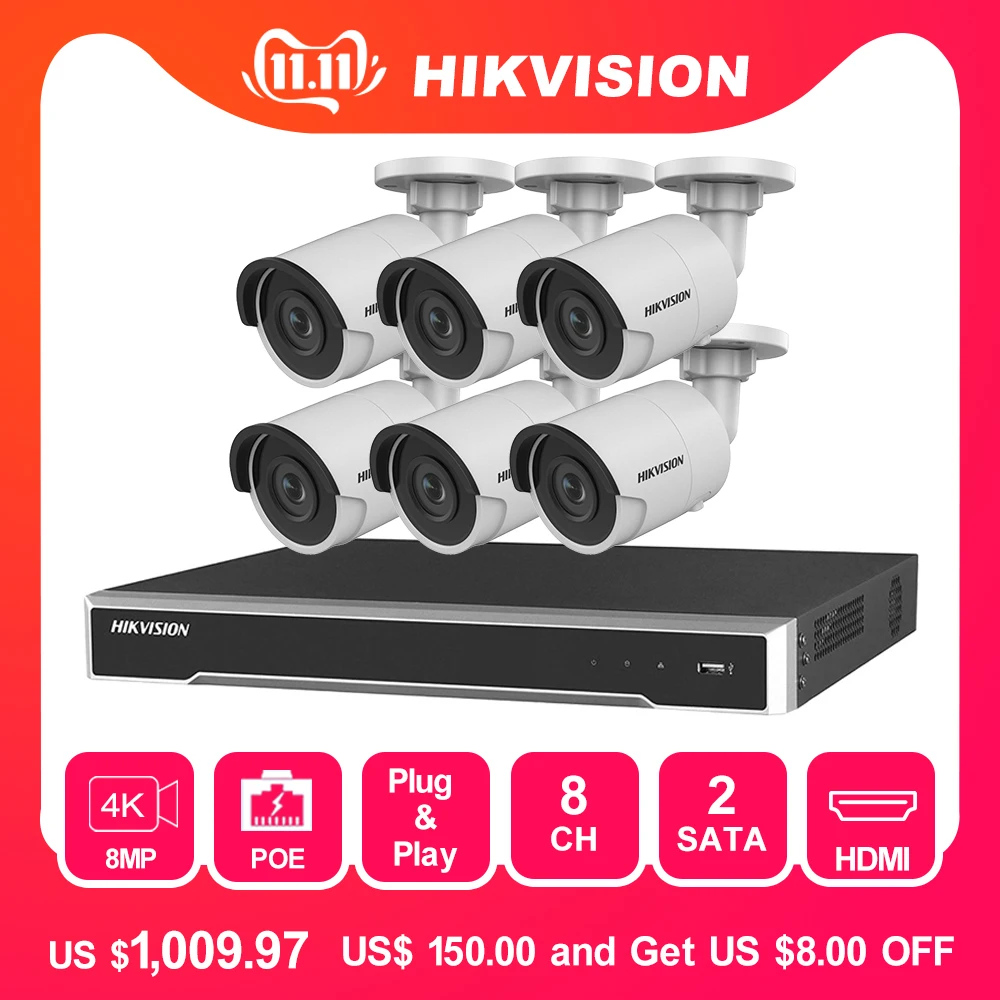 Hikvion 8CH 4K POE NVR комплект камер видеонаблюдения 8MP наружная ip-камера безопасности P2P система видеонаблюдения Комплект HDD опция