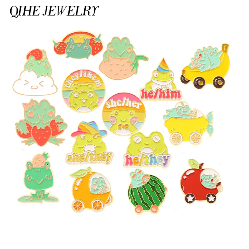 

Kinds of Frogs Enamel Pins Cute Fruit Car Strawberry Witch Personal Pronoun Brooches Badge Jacket Backpack Gift Friends Jewelry