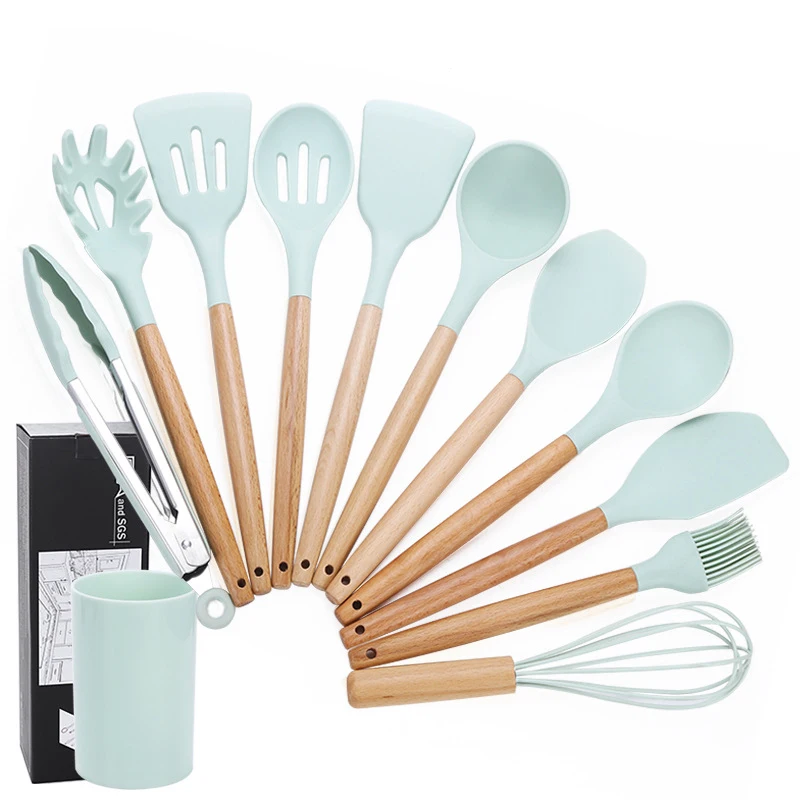 

12PCS Silicone Cooking Utensils Set Cookware Kitchen Tool Non-stick Spatula Shovel Wooden Handle Cooking Set With Storage Box