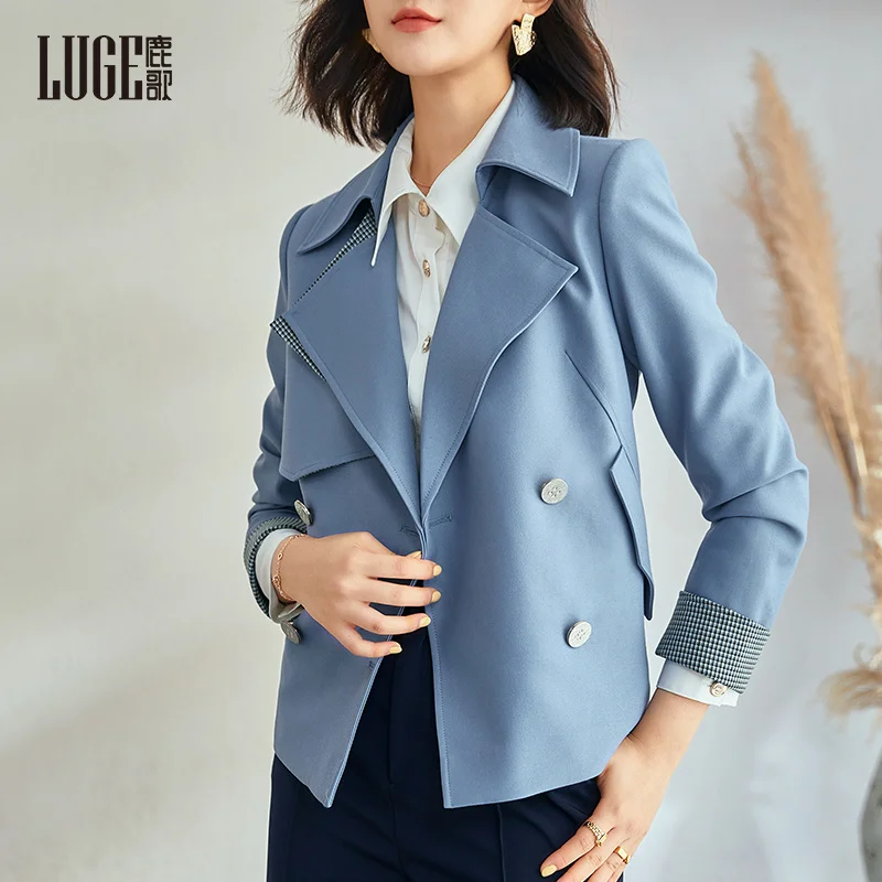 

Новинка Осень 2021, модный темпераментный костюм, пальто, комбинированная синяя короткая ветровка, пальто для маленькой женщины