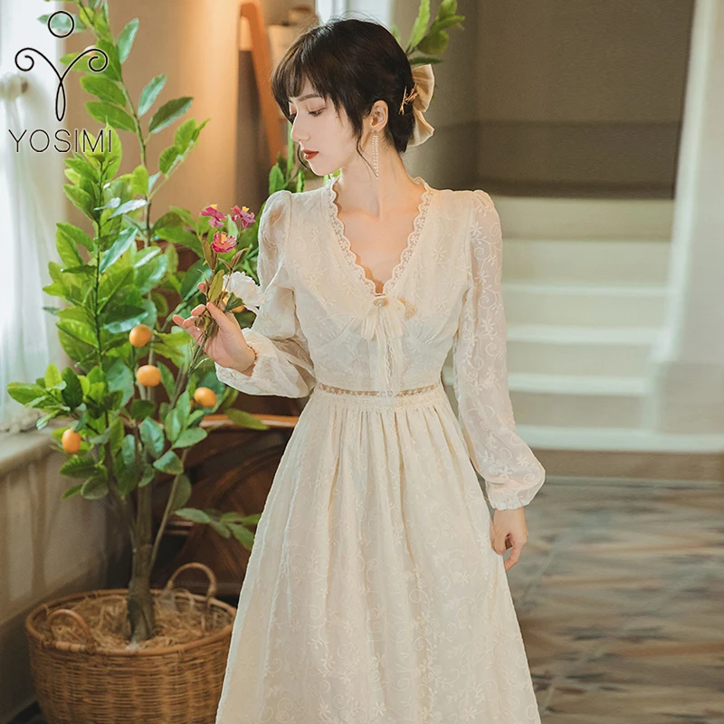 

YOSIMI Beige Lace Long Women Dress Elegant 2021 Summer Vintage V-neck Mid-calf A-Line Long Puff Sleeve Evening Party Long Dress