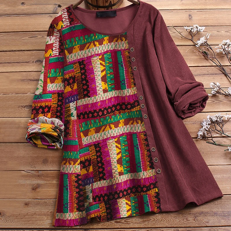 Туника женская с винтажным принтом повседневные Лоскутные пуловеры круглым