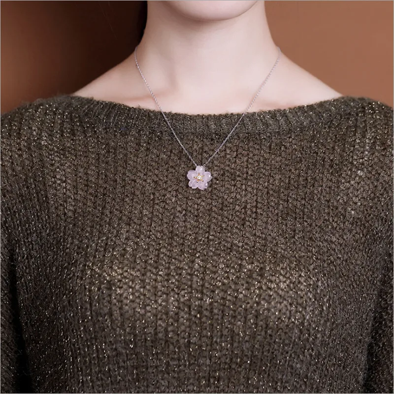 Necklace Роскошные женские ювелирные наборы из 14 к золота с цветком, не линяют, натуральный розовый кристалл, Сакура, серьги-гвоздики, цветочные ожерелья+ цепочки - Цвет камня: Necklace