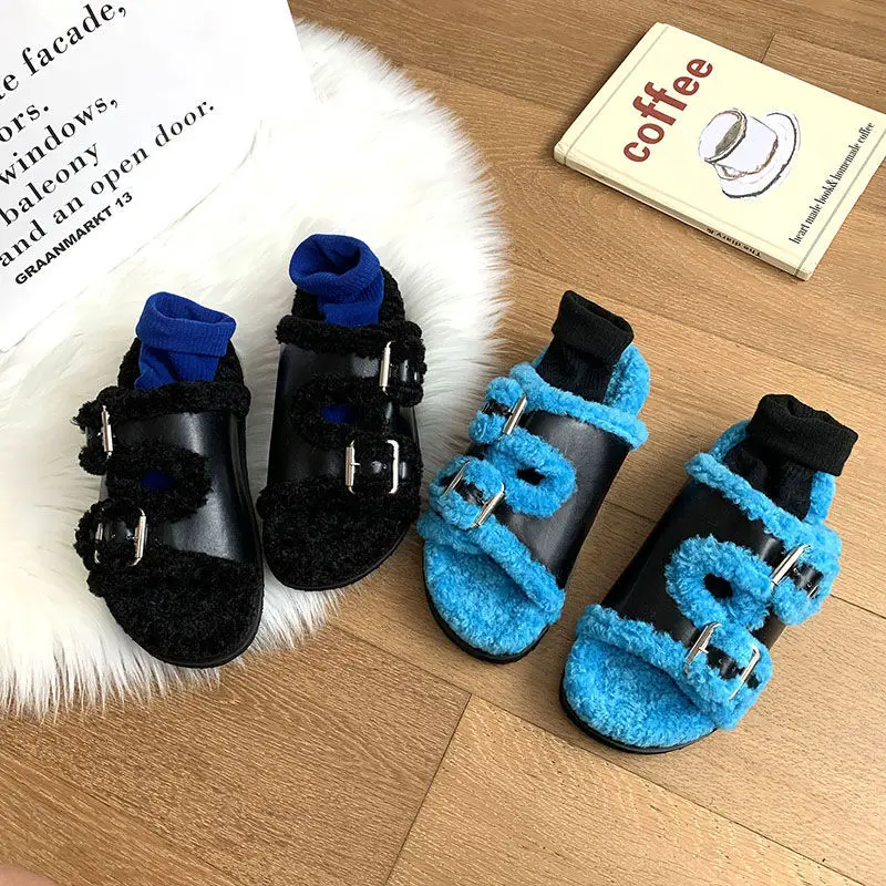 

Oraqwlj Fashion Cork Fur Slipper Women Square Buckle Slippers Platform Furry Outdoor Buckle Slides Shoes Women Thick Bottom Shoe