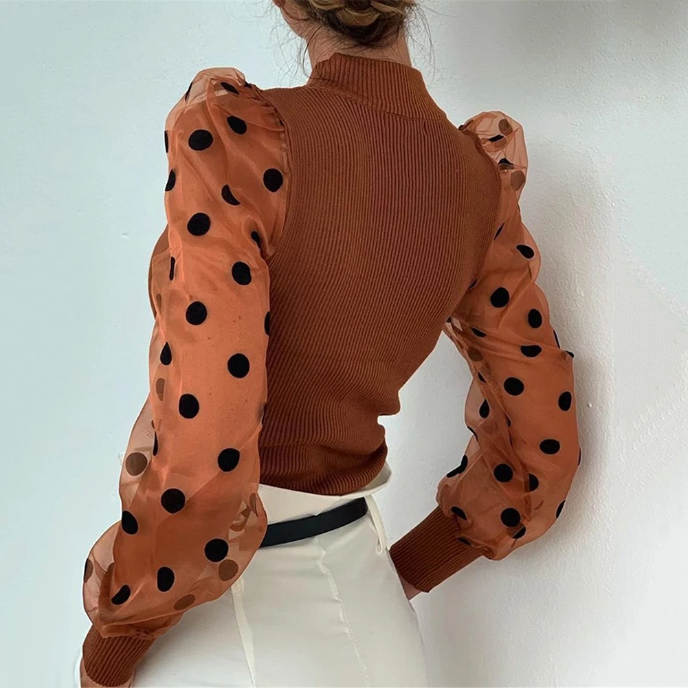 2019 Casual Dot Print Mesh Puff Sleeve Transparent Knitted Sweater Pullover Fall Winter Women Turtleneck Ribbed | Женская одежда