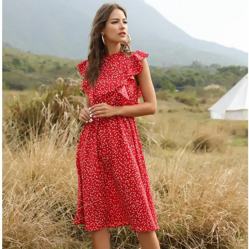 

New Summer Dot Print Dress Women Casual Butterfly Sleeve Ruffles Medium Long Chiffon Dress
