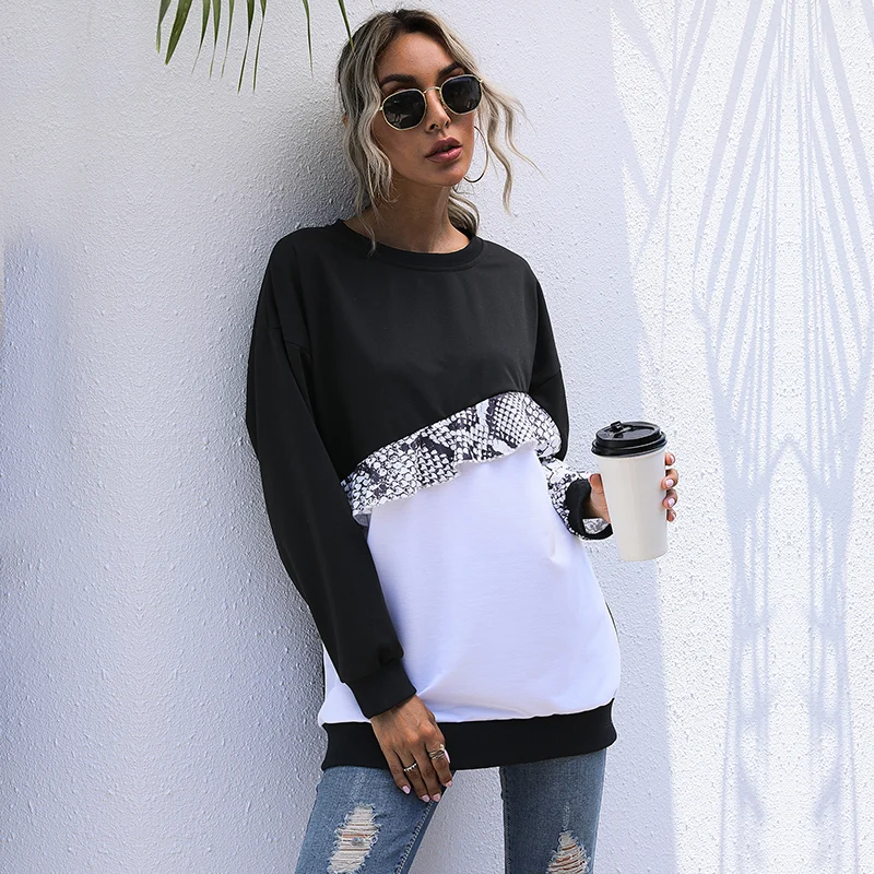 

2021 Spring Autumn Crewneck Sweatshirt Women Ruffles White Black Patchwork Long Sleeve Hoodies Female Pullover Sweat Polerones