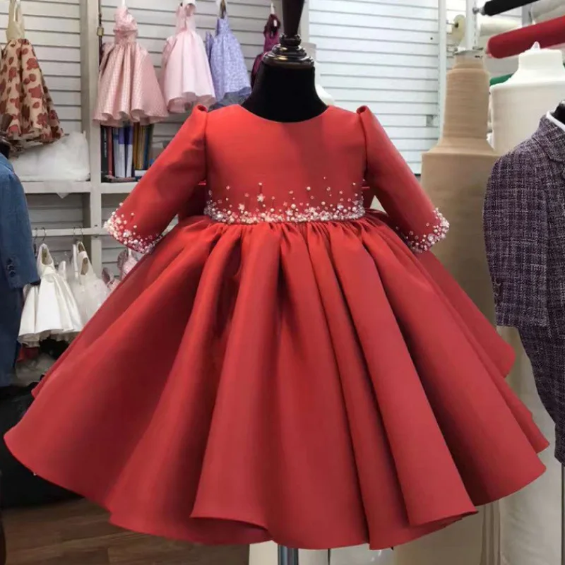

Red Tulle Baby Girl Baptism Dress Long Sleeve Wedding Dress Beading Toddler Girl Clothes Newborn Baby Birthday Ceremonies Gown
