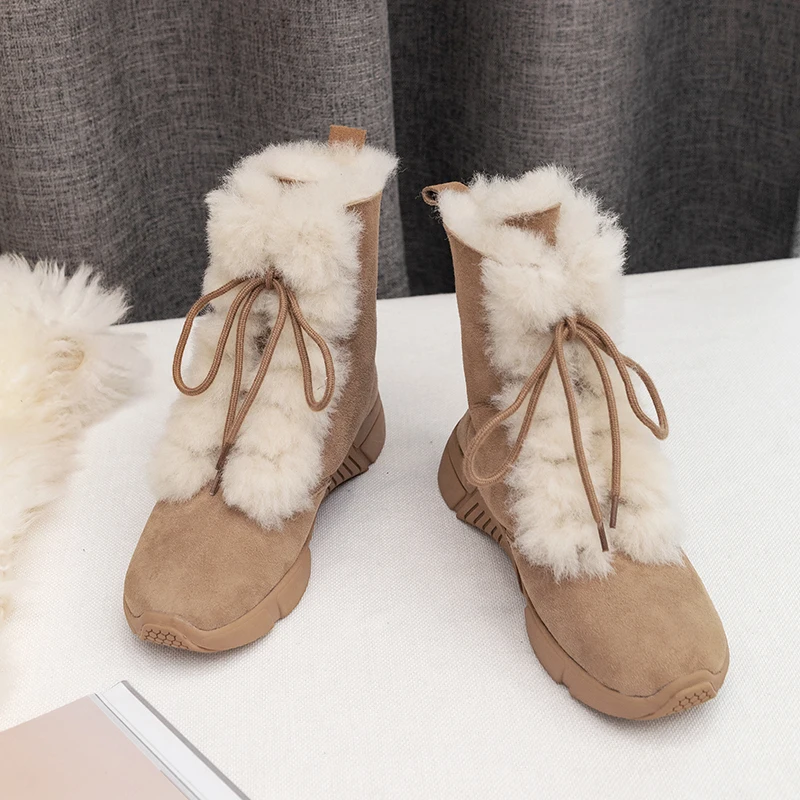 Зимние ботильоны ISNOM женские ботинки из овчины теплые меховые на шнуровке