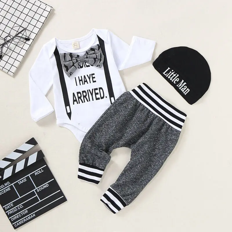 3Pcs Newborn Kids Baby Boy Letter Long Sleeve Romper Tops+Solid Pants+Cool Hat Outfits Set Autumn Children Boys New Fashion |