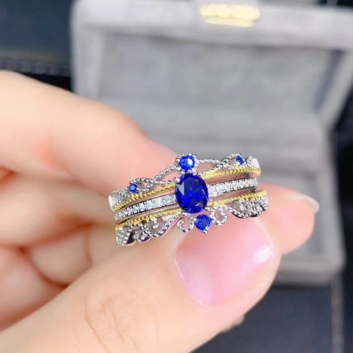 

Роскошный богатство широкая заводная головка S925 серебристый синий сапфир драгоценный камень кольцо натуральный драгоценный камень кольцо...