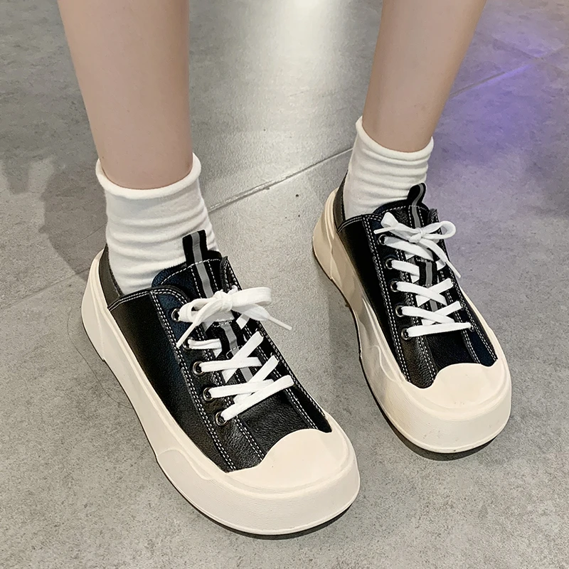 

Женские кроссовки на платформе, кожаные кроссовки на массивной вулканизированной подошве, с круглым носком, дизайнерская повседневная обу...
