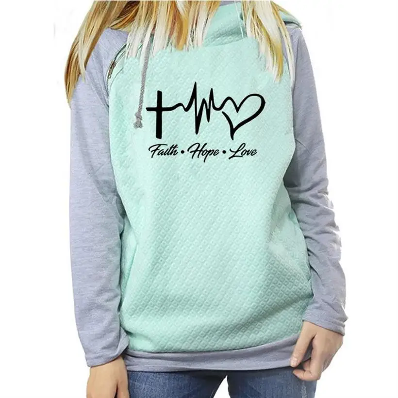 

Faith Hope Love Letters Print Hoodies For Women Zipper Decoration Tops Kawaii Sweatshirts Female Clothings Loose Harajuku