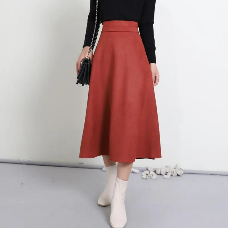 

Temperament Commuter Deerskin Velvet Skirt Female New Autumn Winter Elastic Waist Mid-Length A-Line Skirt Faldas Mujer s1542