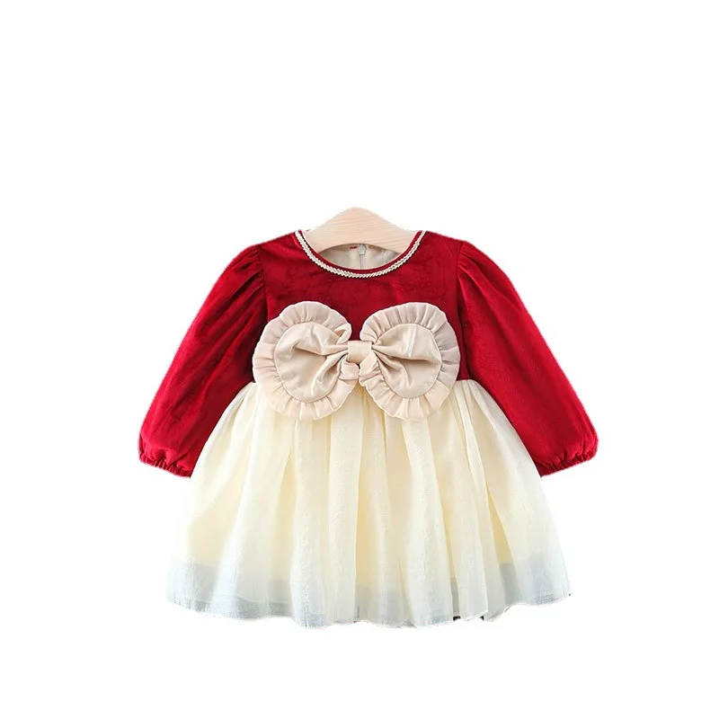 

1-4-Year-Old Girl's Season Thickened Autumn Winter Dress Baby Big Bow Exotic Princess Plush Skirt