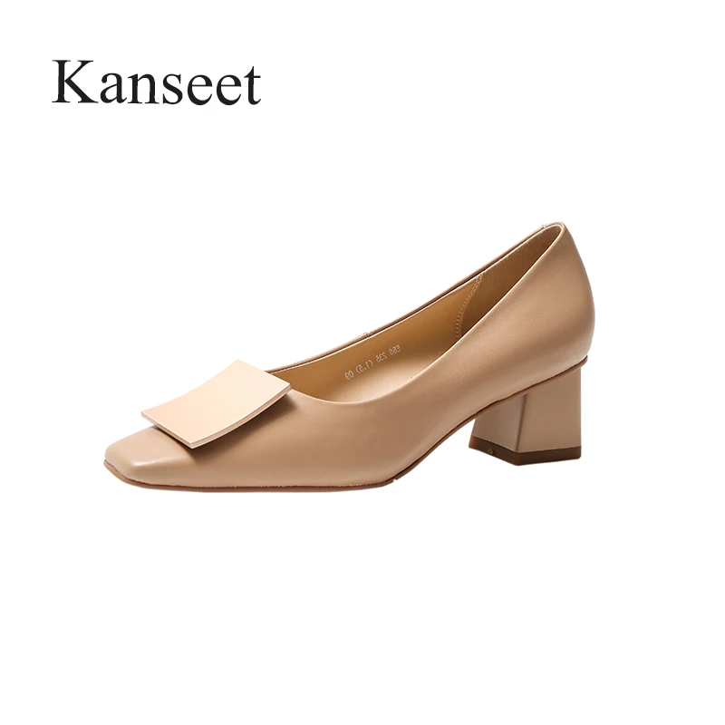 

Kanseet 2021 New Women Pumps Spring Autumn Genuine Leather Square Toe Metal Buckle Decoration Handmade Shallow Mid Heel Shoes