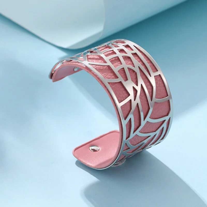 

Pink Faux Leather Bangles for Women Geometric Hollow Mesh Metal Bracelet & Bangle Chic Female Jewelry Accessories Wholesale