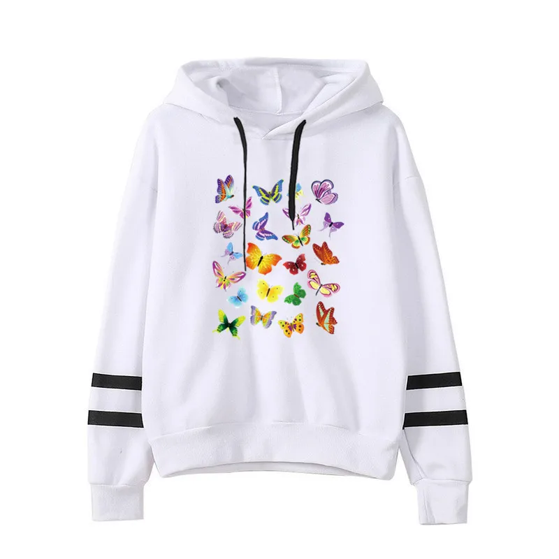 

Women Hoodie Colorful Butterfly Printed Hoodies Women Double Striped Long Sleeve Fleece Sweatshirt with Hat Girls Pullovers