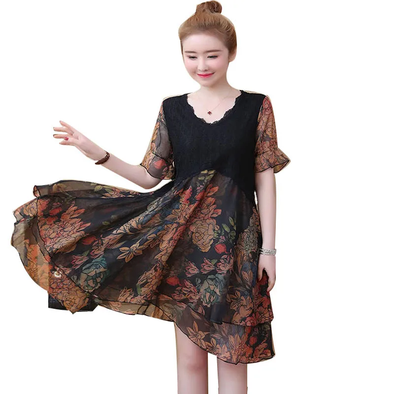 

Spring and summer new long paragraph large size dress women's printed lace stitching dress casual loose slim dress SS610