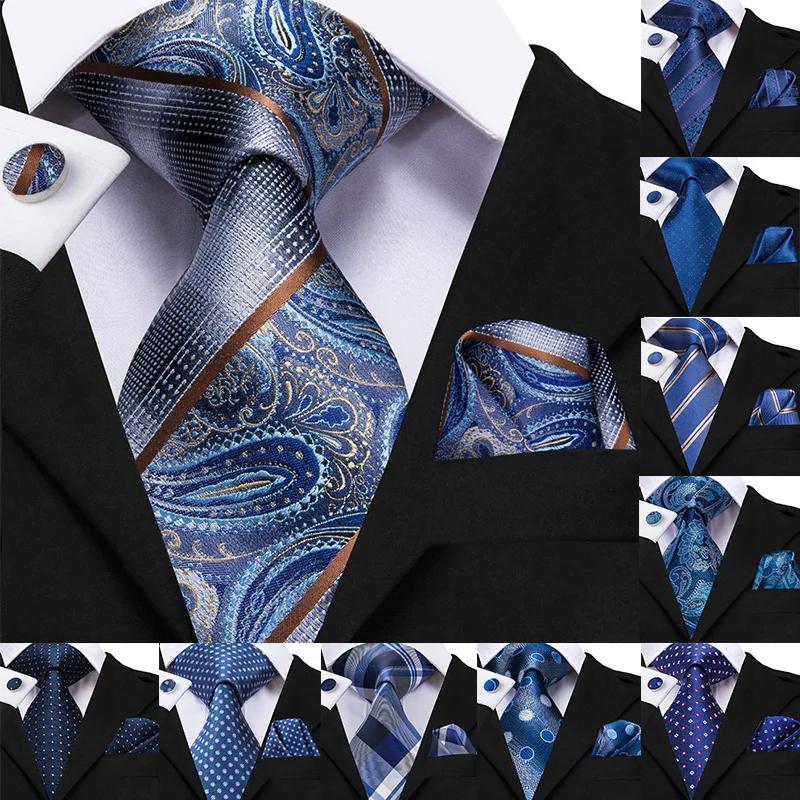 

8.5cm Silk Men's Fashion Blue Paisley Tie Necktie Handkerchief Cufflinks Set Men's Wedding Party Business Tie Set