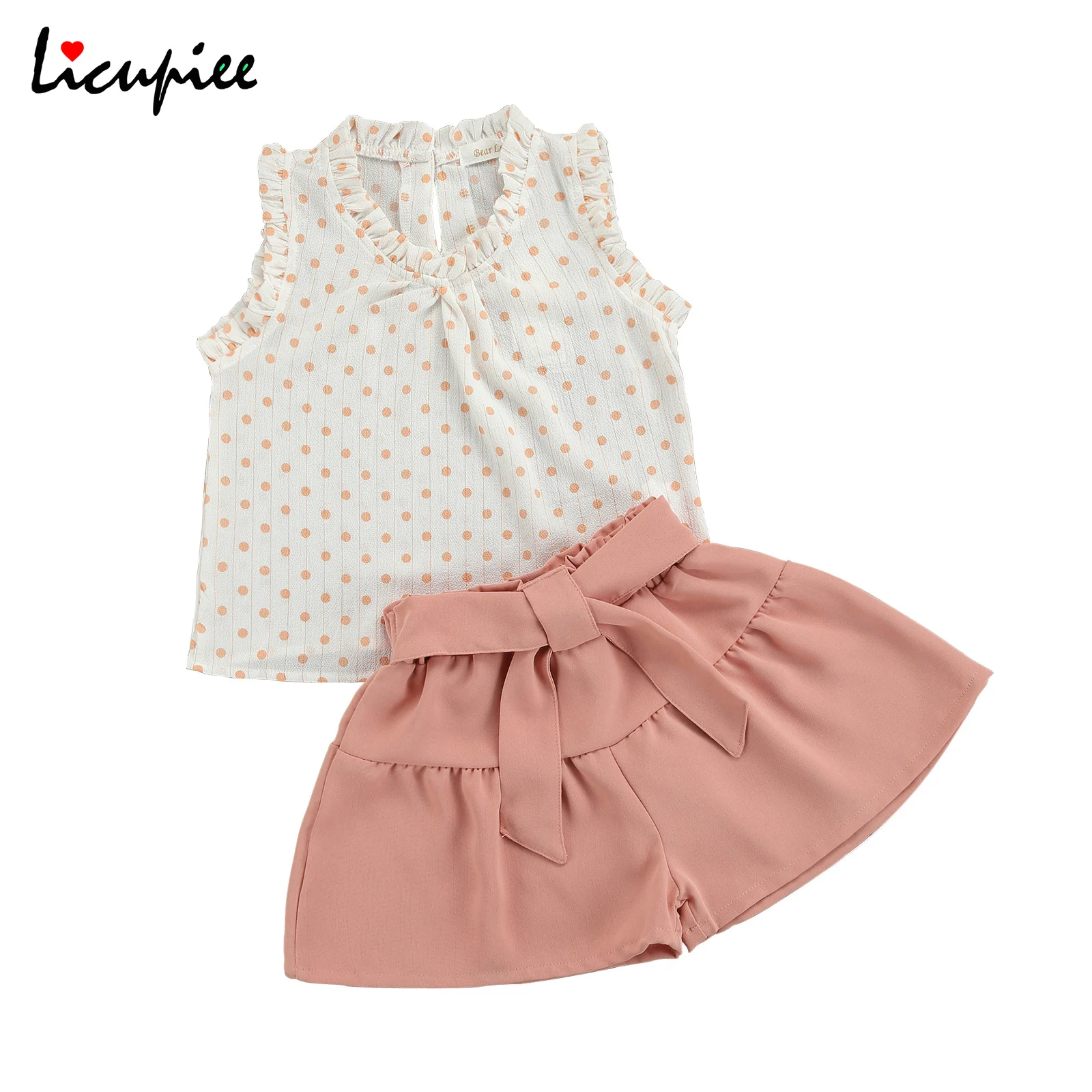 

Комплект одежды для маленьких девочек, летний повседневный комплект из 2 предметов, топ без рукавов с принтом в горошек и оборками + шорты с п...