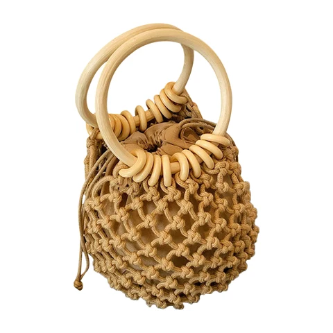 Женская модная плетеная Сумка для девушек, пляжная сумка-ведро с деревянной ручкой на шнурке для повседневной жизни и отпуска