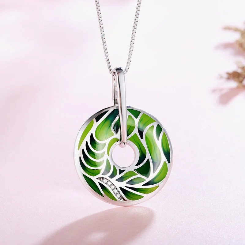 Ожерелье из серебра 100% пробы с круглым эмалированным зеленым листом кулон для