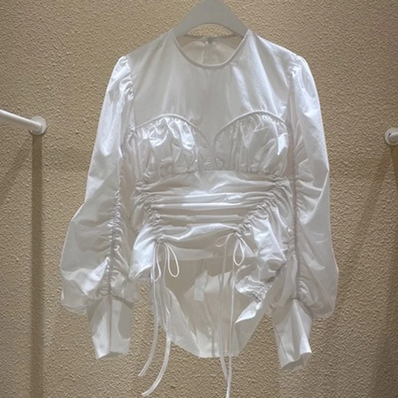 

Korean Chic Folds Drawstring Design Shirts Womens Blouses Spring Long Sleeve Blusas Mujer 2021 O-neck New Women Tops