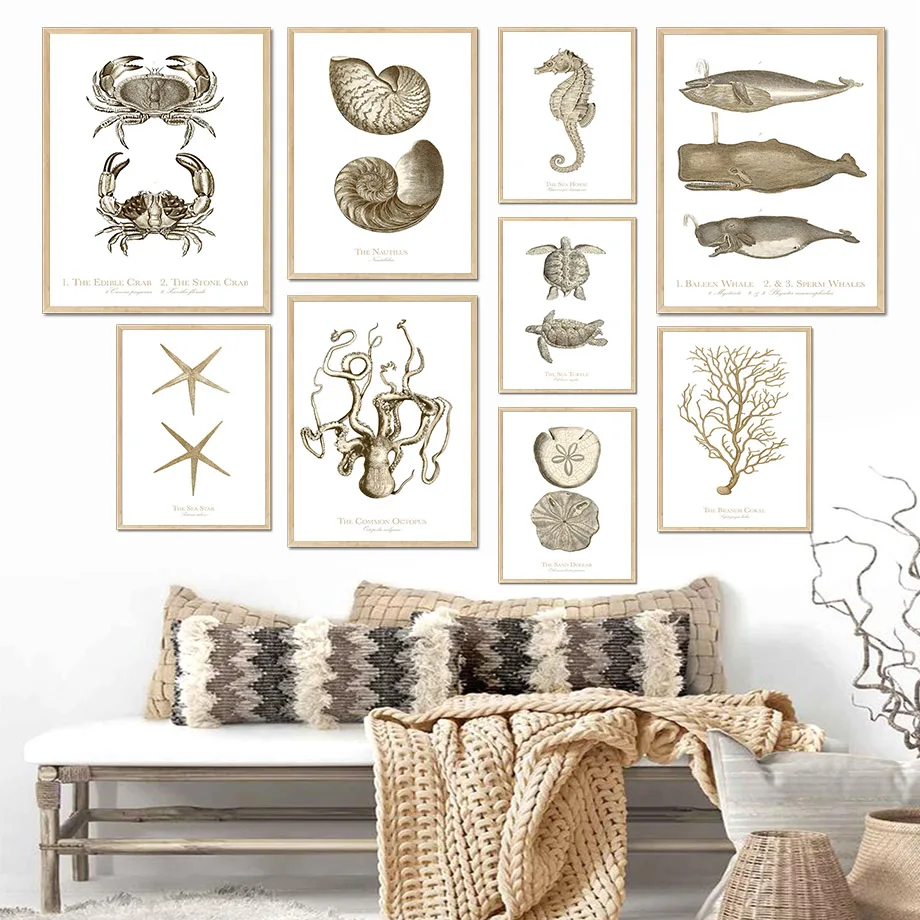 Каменная рыба черепаха улитка краб коралл винтажная настенная живопись на