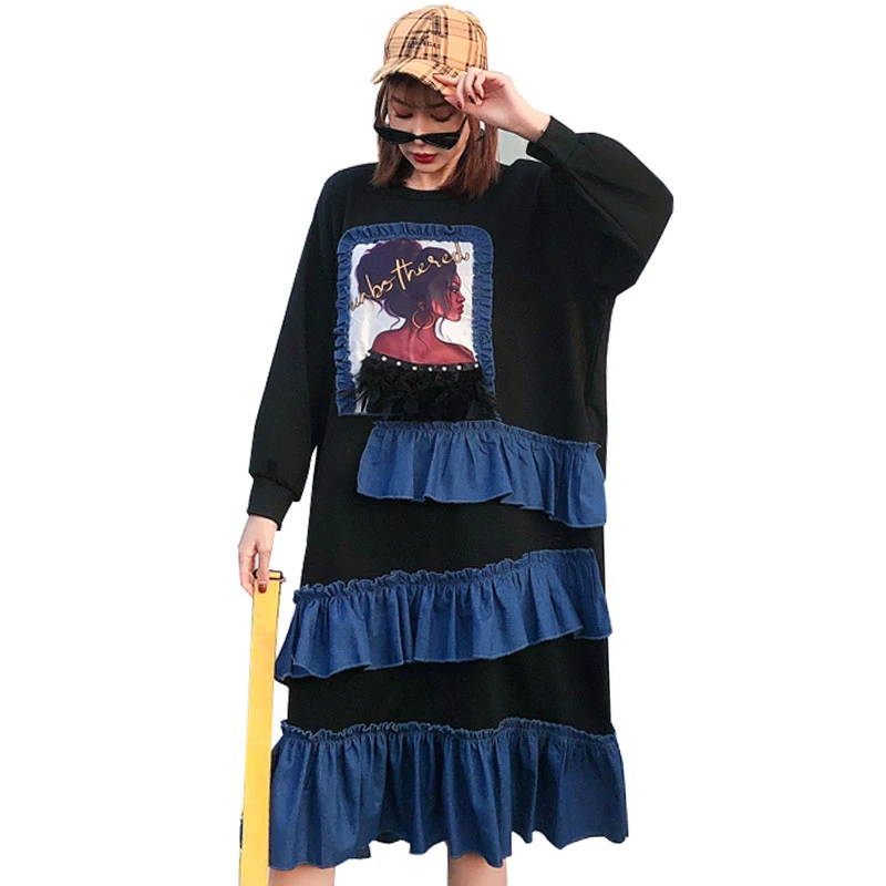 QING MO Черное женское платье с оборками весна 2020 принтом персонажа элегантное в
