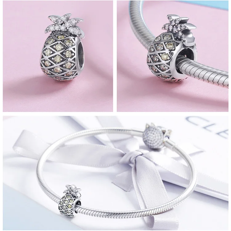 S925 стерлингового серебра fit Pandora браслет желтый циркон бусины в виде ананаса 925 тропические фрукты подвески для браслеты Цепочка ручная работа ювелирные изделия