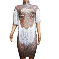 sparkling silver rhinestones tassel mini dress backless party dress for women nightclub dance show wear performance costumes