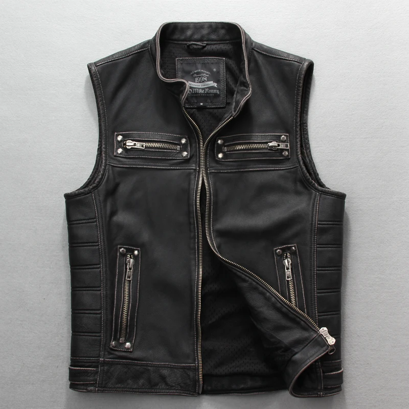 

Black 2020 Vintage Slim Fit Biker's Leather Vest Plus Size 4XL Genuine Thick Cowhide Short Russian Motorcycle Vest FREE SHIPPING