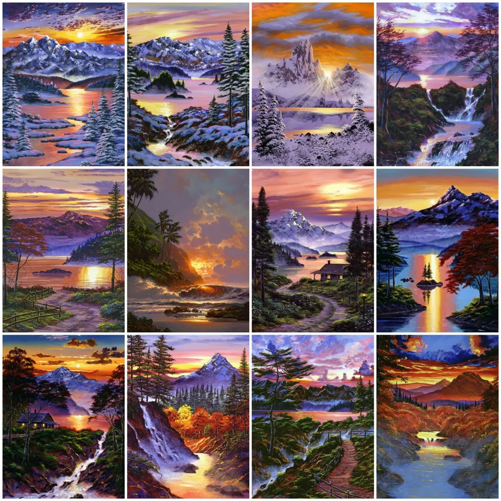 

HUACAN Diamond Painting Full Square Round Drill Mountain Scenery Diamond Mosaic Sunset Cross Stitch Home Art Wall Stickers