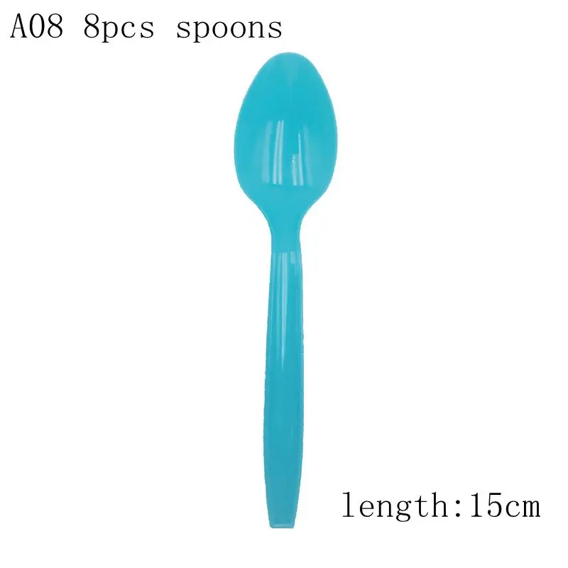 A08 8pcs blue spoon Одноразовая посуда для мальчиков или девочек, кружки, тарелки, салфетки, скатерть, гирлянда для вечеринки в честь рождения - Цвет: A08 8pcs blue spoon