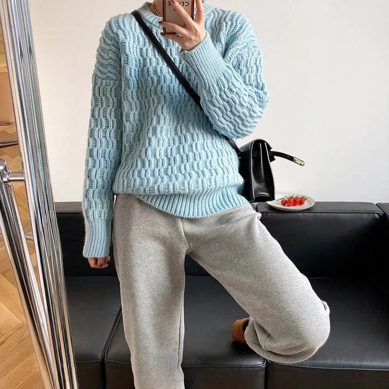 

Thickened Wavy Sweater Women's Design Lazy Korean Round Neck Pullover Sweater Ss157