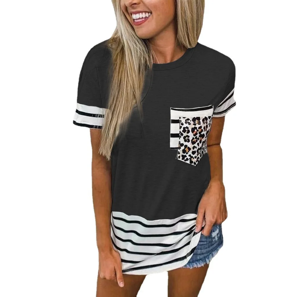 

WEPBEL T-shirt Women's Short Sleeve Casual Leopard Stripe Printed T-shirt Tops Summer Fashion O-Neck Pocket Straight T-shirt