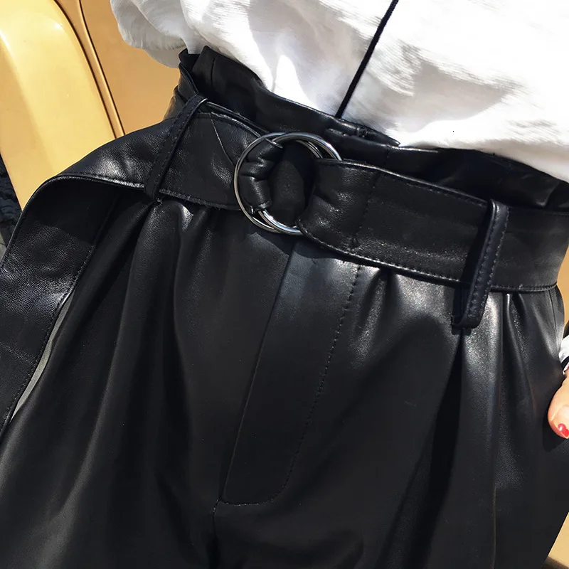 

Italian Designer Summer High Waist Shorts Women Punk Belted Loose Wide Leg Short Feminino Luxury Sheepskin Real Leather Trousers