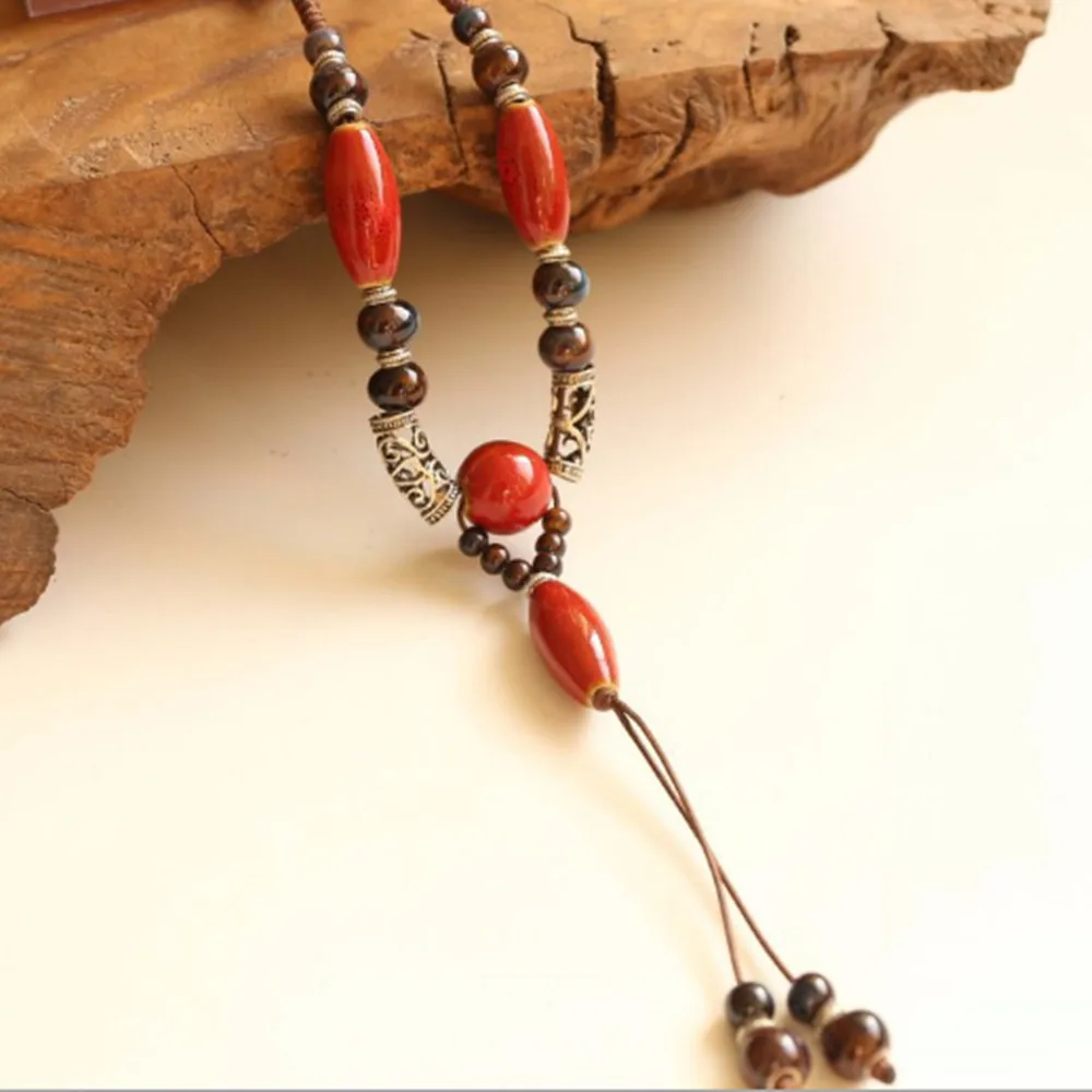 

Retro Ethnic style Handmade ceramic bead Sweater chain pendant necklace N001