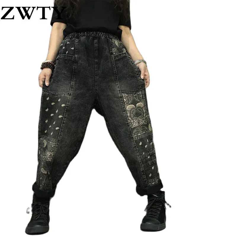 

ZWTY New Arrival Spring Autumn Arts Style Women Elastic Waist Loose Casual Cotton Denim Harem Pants Vintage Print Jeans Plus Siz