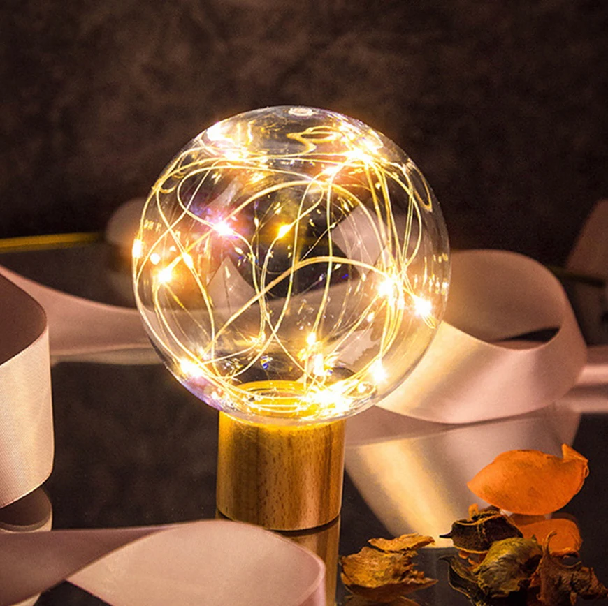 Светодиодный ночник лампа с USB подзарядкой шар свет деревянной основой домашний