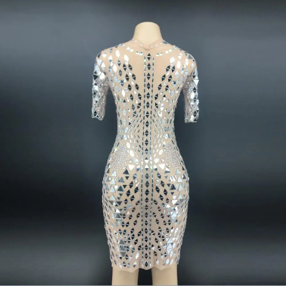 

Women Summer Dress 2021 Net Yarn Sequins Rhinestones High Handmade Custom Celebrity Costume Singer Stage Performance Costume